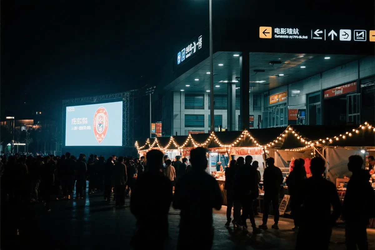 费城球迷广场夜景：大屏观赛人群、步行指示牌与公共交通入口